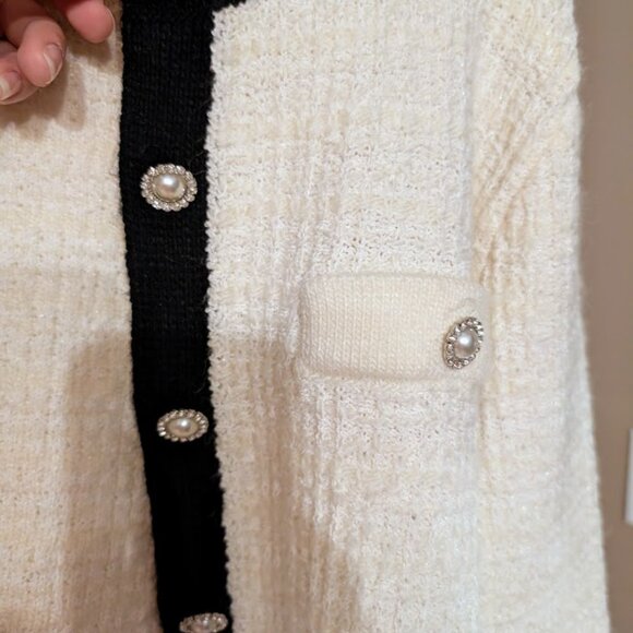 Mango MNG Pocket Tweed Cardigan Sweater Large Off White Black Cotton Blend EUC - Picture 7 of 15